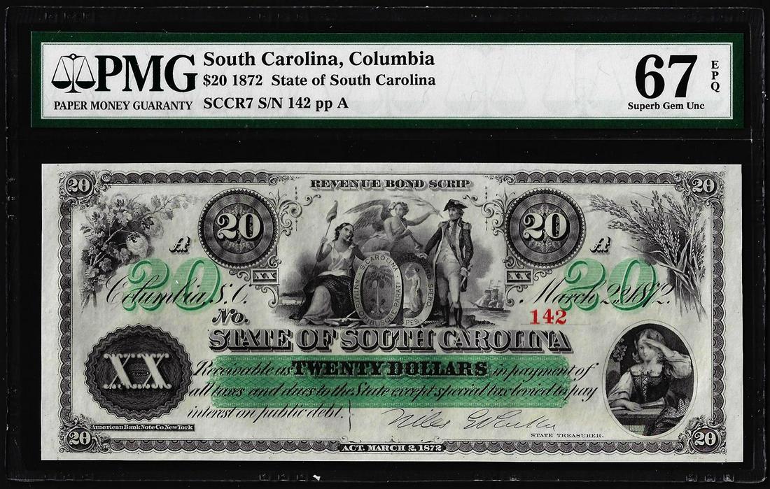 1872 $20 State of South Carolina Obsolete Note PMG Superb Gem Unc 67EPQ: One 1872 $20 State of South Carolina Obsolete Note PMG Superb Gem Unc 67EPQ. PMG Certified.