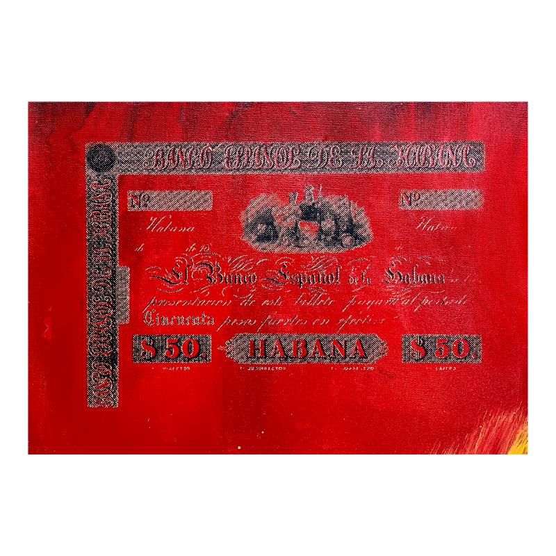 Steve Kaufman (1960-2010) "Banco Espanol de la Habana" Original Mixed Media on Canvas: "Banco Espanol de la Habana" is limited edition hand pulled silkscreen unique mixed media on canvas by Andy Warhol protege Steve Kaufman (1960-2010). This piece is numbered and hand signed inverso and