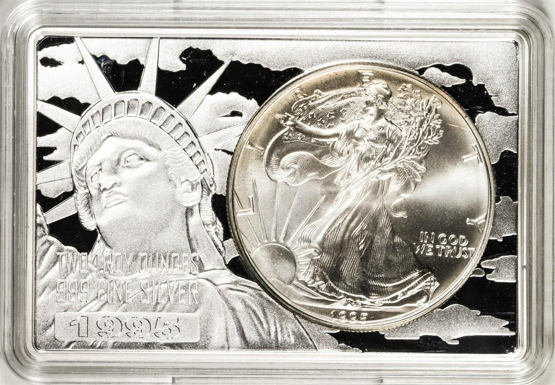 1995 $1 American Silver Eagle Coin & 2oz Silver Bar Set: One 1995 $1 American Silver Eagle Coin & 2oz Silver Bar Set.