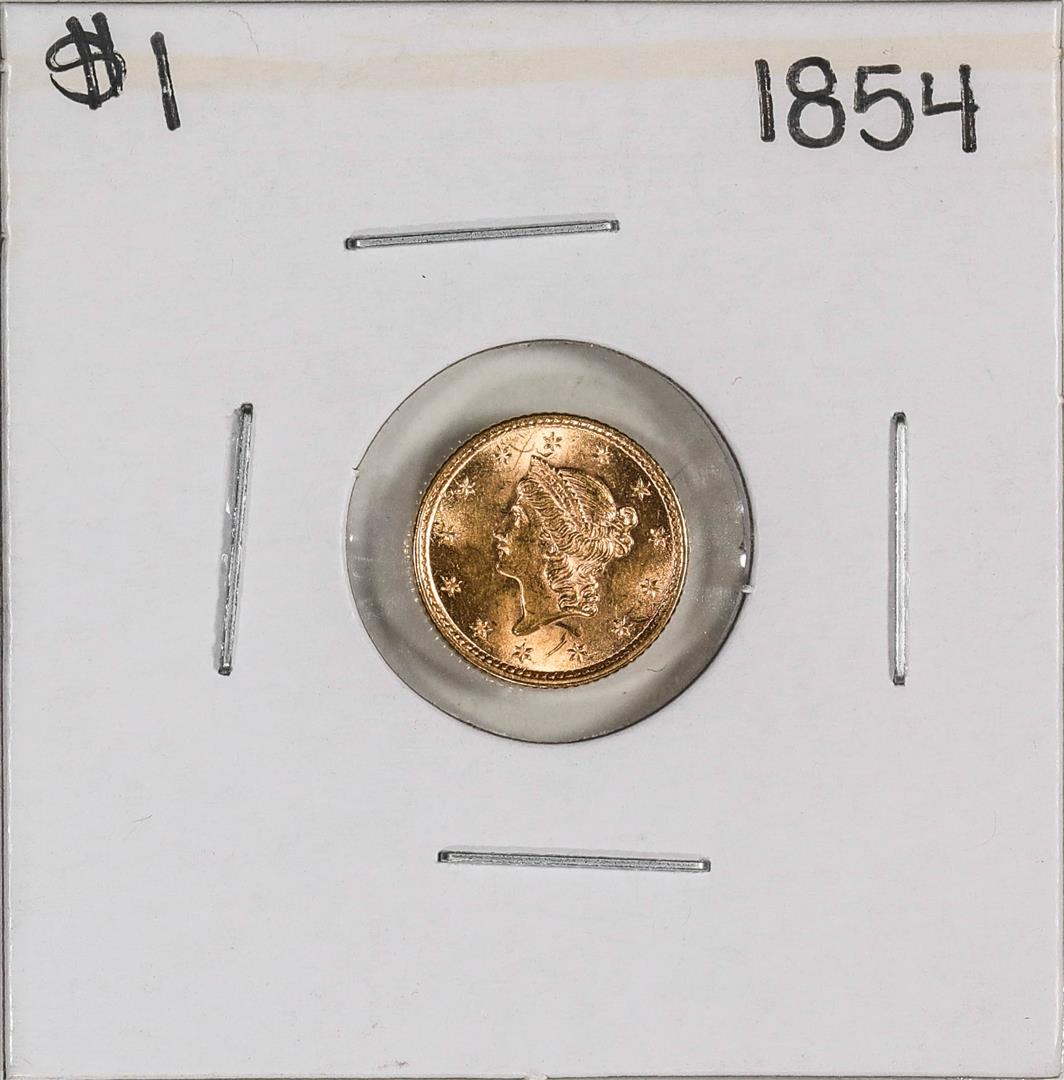 1854 $1 Type 1 Liberty Head Gold Dollar Coin: One 1854 $1 Type 1 Liberty Head Gold Dollar Coin.