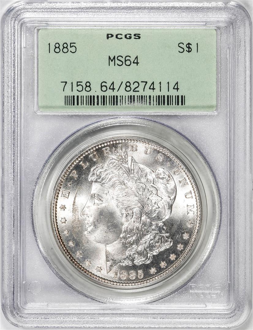 1885 $1 Morgan Silver Dollar Coin PCGS MS64 Old Green Holder: One 1885 $1 Morgan Silver Dollar Coin PCGS MS64 Old Green Holder. PCGS Graded.