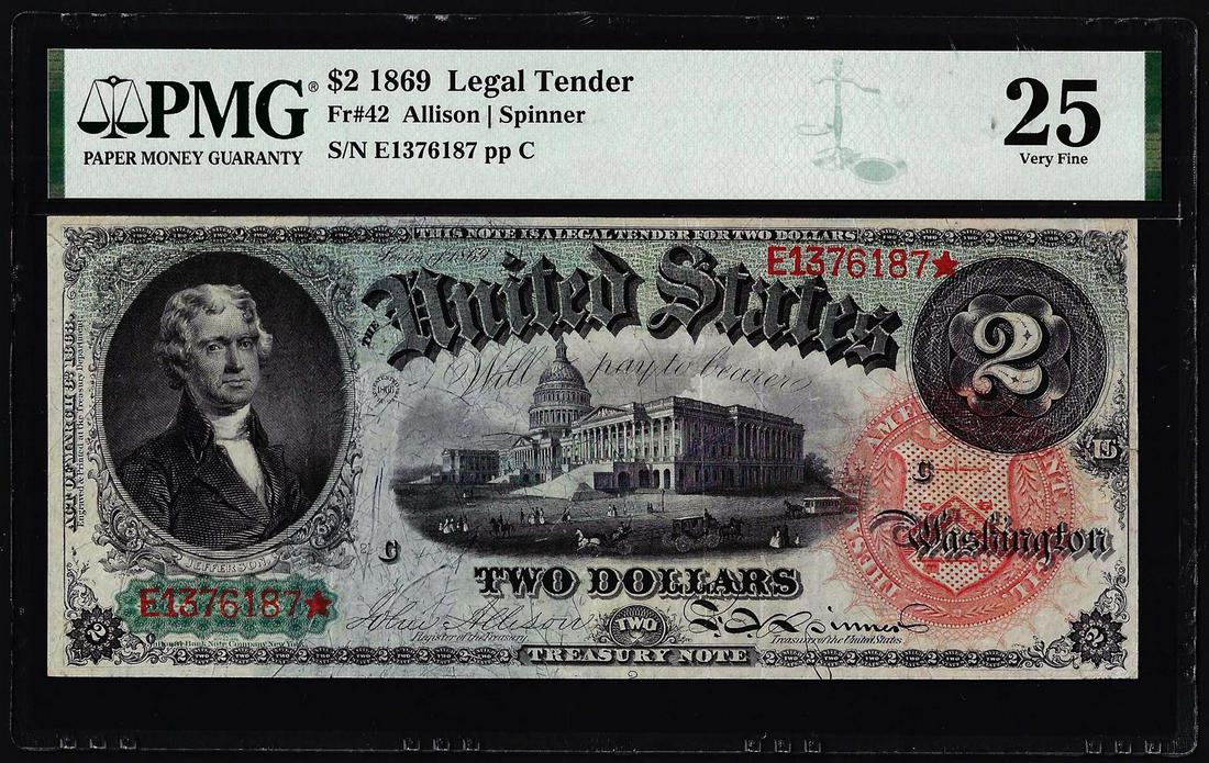 1869 $2 Rainbow Legal Tender Note Fr.42 PMG Very Fine 25: One 1869 $2 Rainbow Legal Tender Note Fr.42 PMG Very Fine 25. PMG Certified.