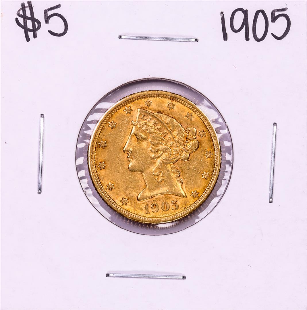1905 $5 Liberty Head Half Eagle Gold Coin: One 1905 $5 Liberty Head Half Eagle Gold Coin.