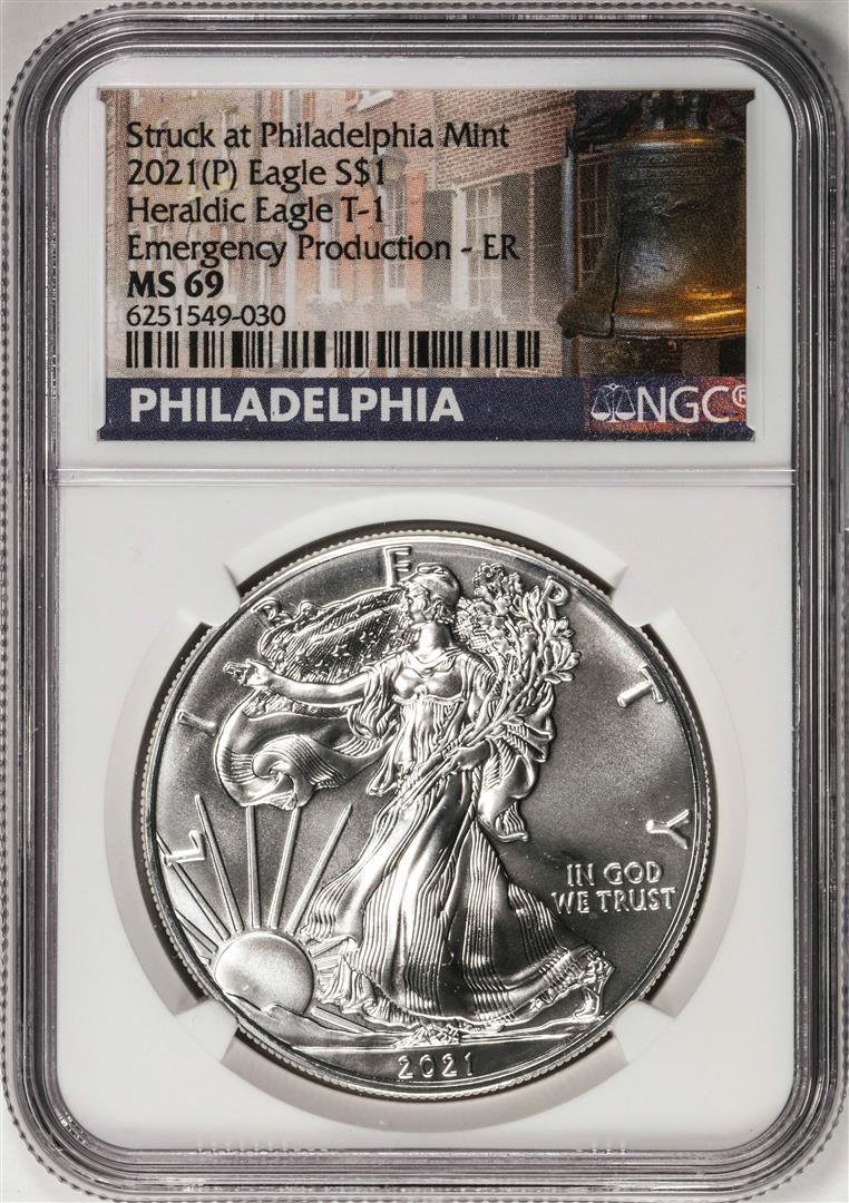 2021-(P) Type 1 $1 American Silver Eagle Coin NGC MS69 Early Release Emergency Issue: One 2021-(P) Type 1 $1 American Silver Eagle Coin NGC MS69 Early Release Emergency Issue. NGC Certified.