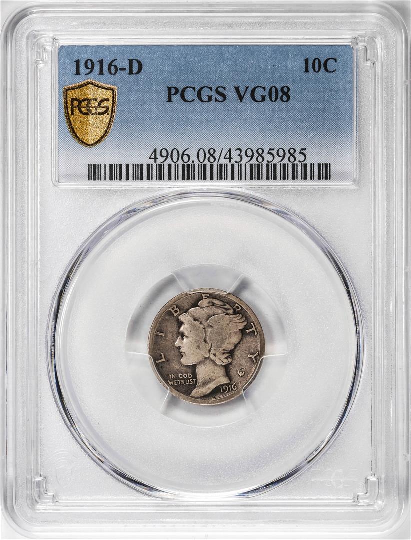 1916-D Mercury Dime Coin PCGS VG08: One 1916-D Mercury Dime Coin PCGS VG08. PCGS Graded.