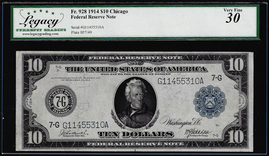 1914 $10 Federal Reserve Note Chicago Fr.928 Legacy Very Fine 30: One 1914 $10 Federal Reserve Note Chicago Fr.928 Legacy Very Fine 30. Legacy Graded.