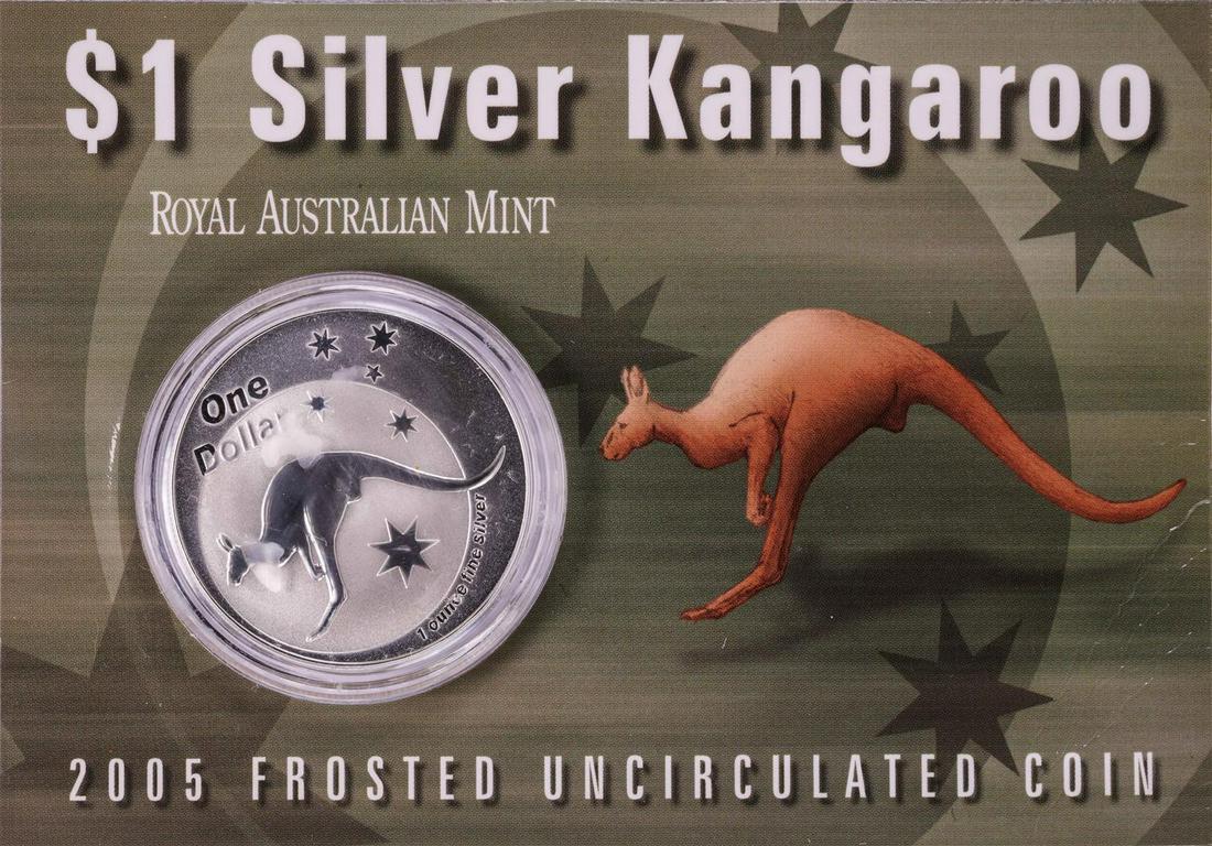 2005 $1 Silver Kangaroo Frosted Uncirculated Coin: One 2005 $1 Silver Kangaroo Frosted Uncirculated Coin.