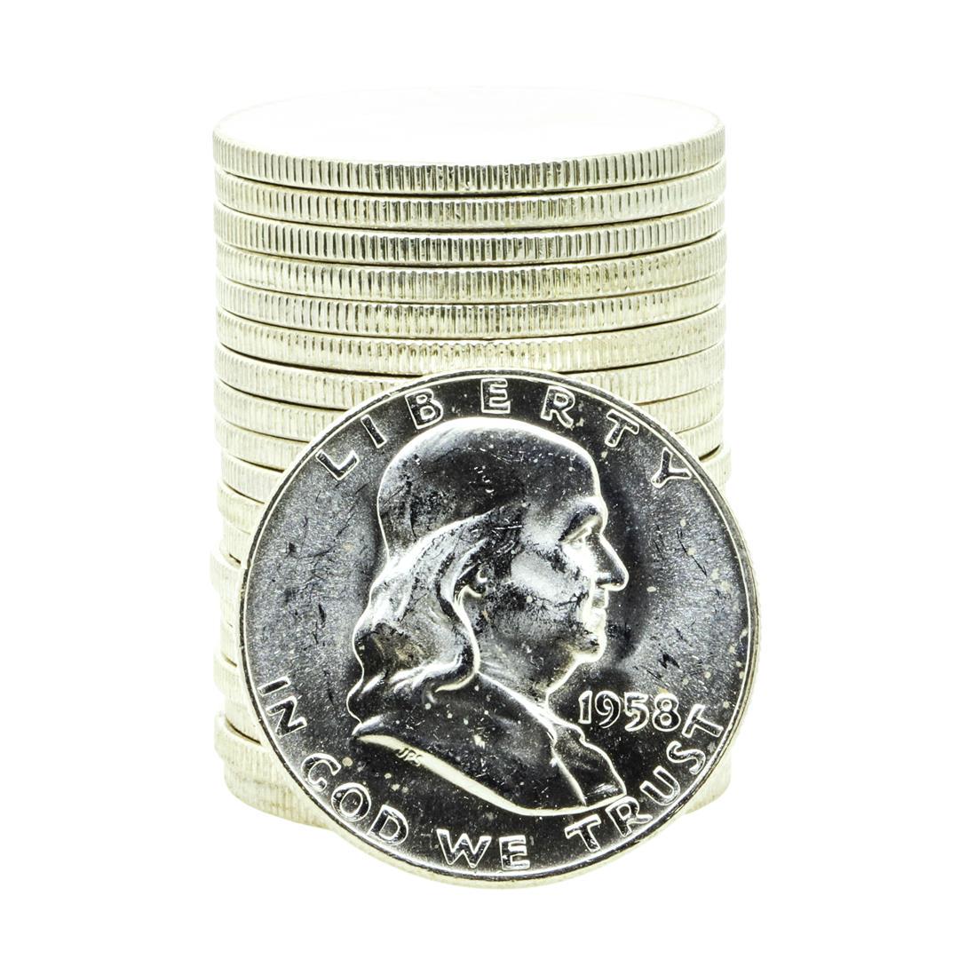 Roll of (20) Brilliant Uncirculated 1958-D Franklin Half Dollar Coins: One Roll of (20) Brilliant Uncirculated 1958-D Franklin Half Dollar Coins.