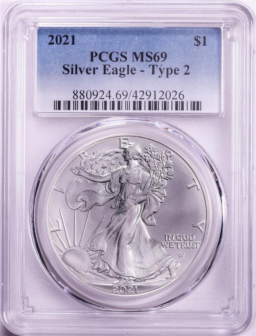 2021 Type 2 $1 American Silver Eagle Coin PCGS MS69: One 2021 Type 2 $1 American Silver Eagle Coin PCGS MS69. PCGS Graded.