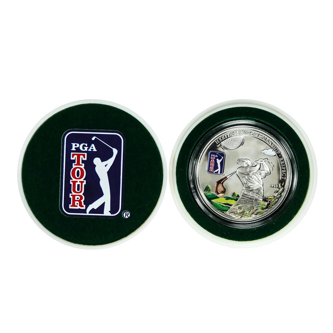 2013 Cook Island $5 Proof PGA Tour Silver Coin in Gold Ball Display with Box & COA: One 2013 Cook Island $5 Proof PGA Tour Silver Coin in Gold Ball Display with Box & COA.