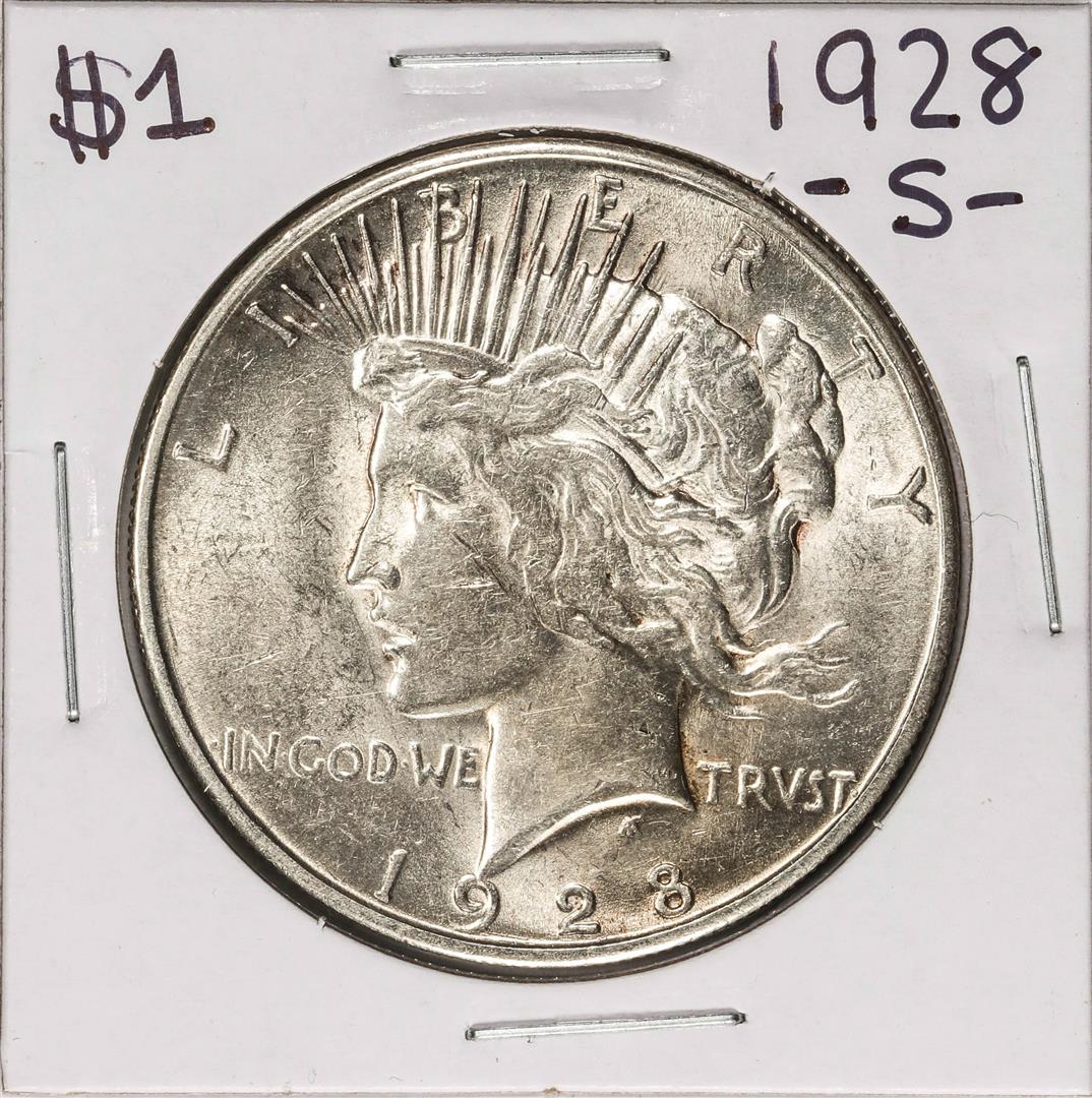 1928-S $1 Peace Silver Dollar Coin: One 1928-S $1 Peace Silver Dollar Coin.
