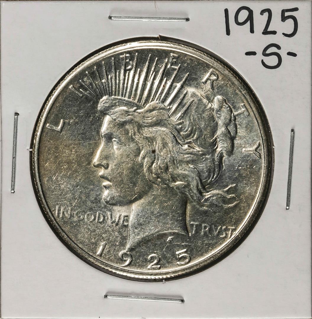 1925-S $1 Peace Silver Dollar Coin: One 1925-S $1 Peace Silver Dollar Coin.