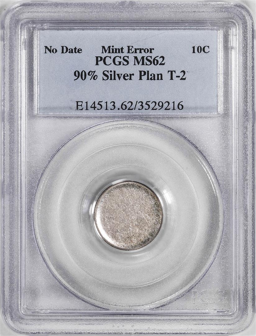 No Date Dime Coin Mint ERROR 90% Silver Planchet T-2 PCGS MS62: One No Date Dime Coin Mint ERROR 90% Silver Planchet T-2 PCGS MS62. PCGS Graded.