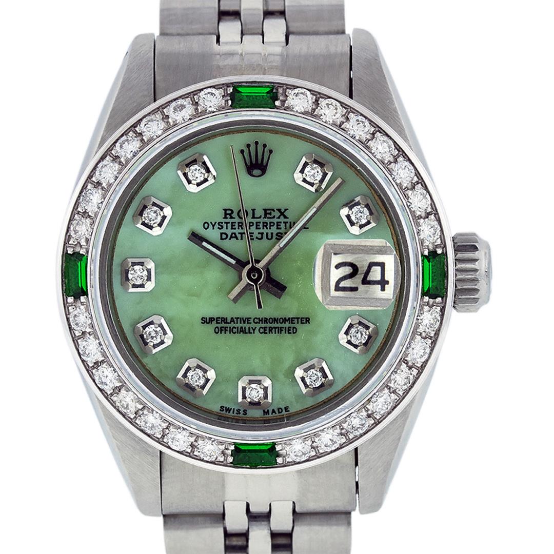 Rolex Ladies Stainless Steel Green Mother of Pearl Diamond Datejust Watch: One Ladies Stainless Steel Rolex Datejust Polished Bright with Satin Finish, Serviced & Electronically Tested, Stainless Steel Case: 26mm, Stainless Steel Crown. Custom Bezel: New 18K White Gold Beads
