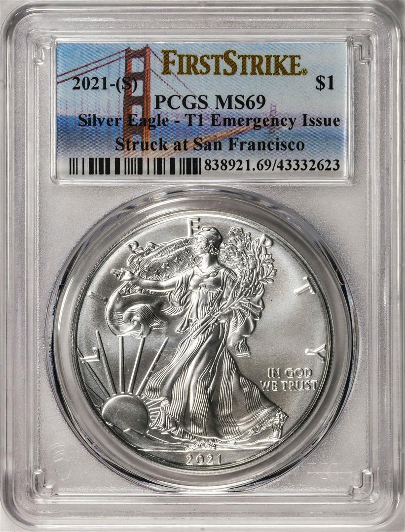 2021-(S) Type 1 $1 American Silver Eagle Coin PCGS MS69 First Strike Emergency Issue: One 2021-(S) Type 1 $1 American Silver Eagle Coin PCGS MS69 First Strike Emergency Issue. PCGS Graded.