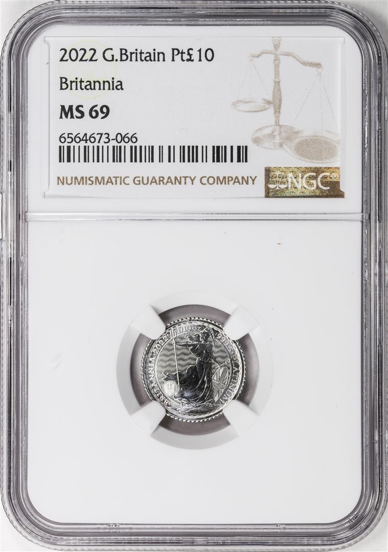 2022 Great Britain 10 Pounds Britannia 1/10oz Platinum Coin NGC MS69: One 2022 Great Britain 10 Pounds Britannia 1/10oz Platinum Coin NGC MS69. NGC Certified.