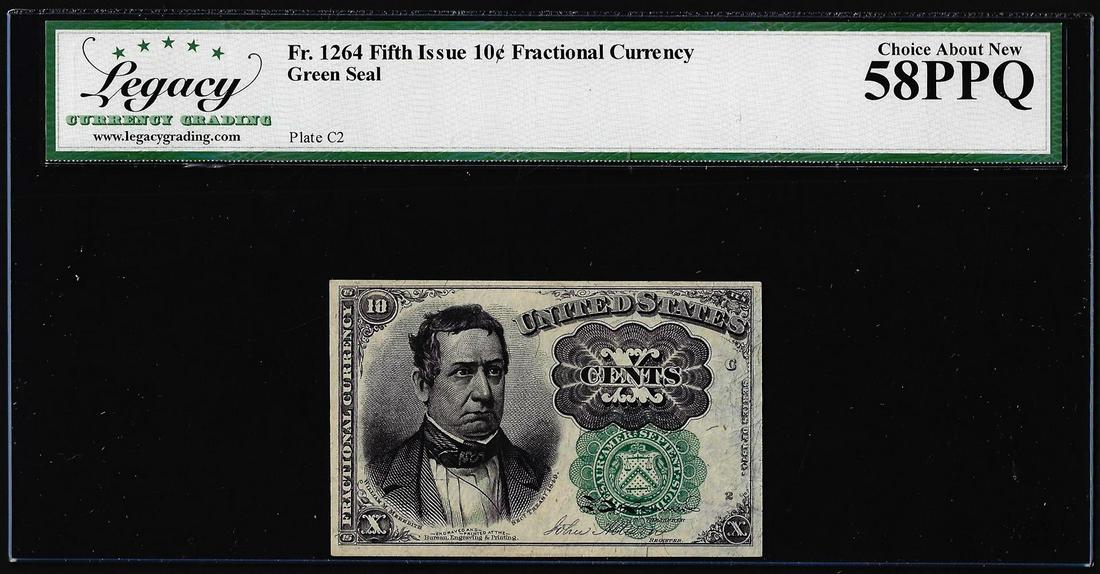1874 Fifth Issue 10 Cent Fractional Currency Note Fr.1264 Legacy Choice About New 58PPQ: One 1874 Fifth Issue 10 Cent Fractional Currency Note Fr.1264 Legacy Choice About New 58PPQ. Legacy Graded.