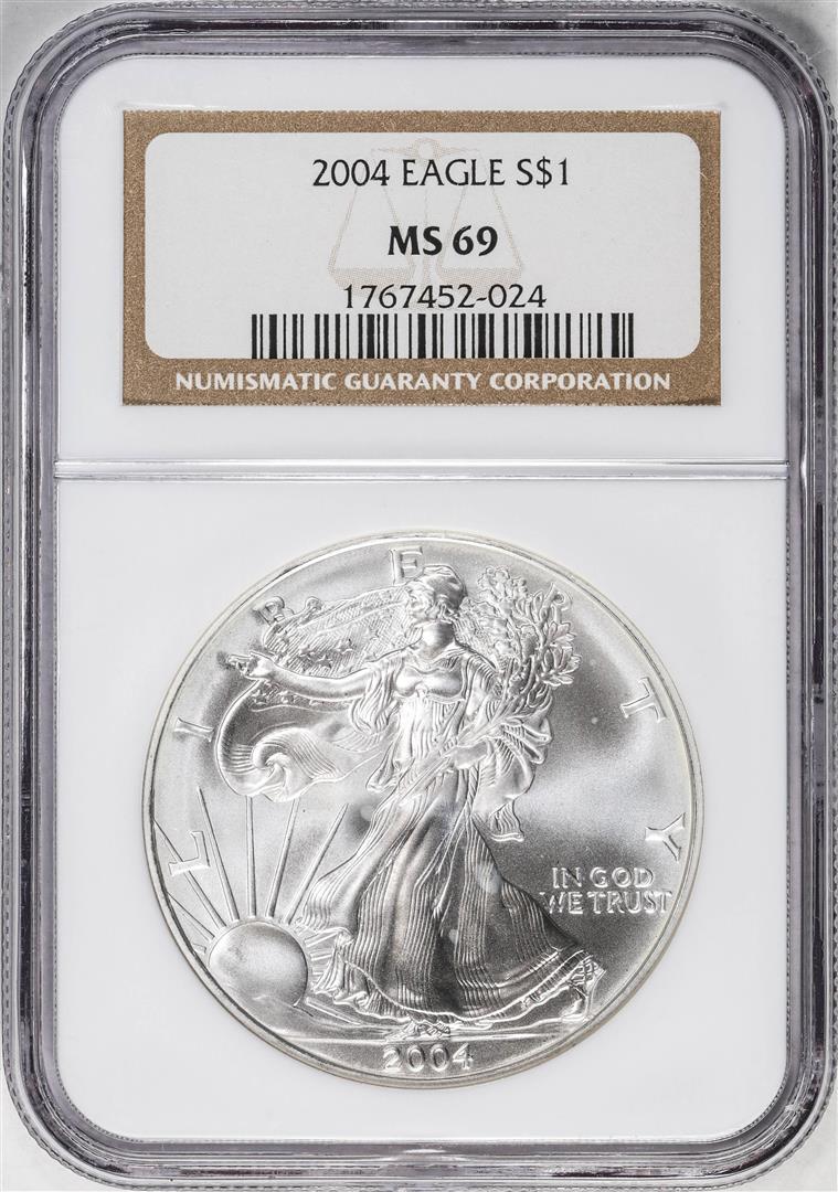 2004 $1 American Silver Eagle Coin NGC MS69: One 2004 $1 American Silver Eagle Coin NGC MS69. NGC Certified.