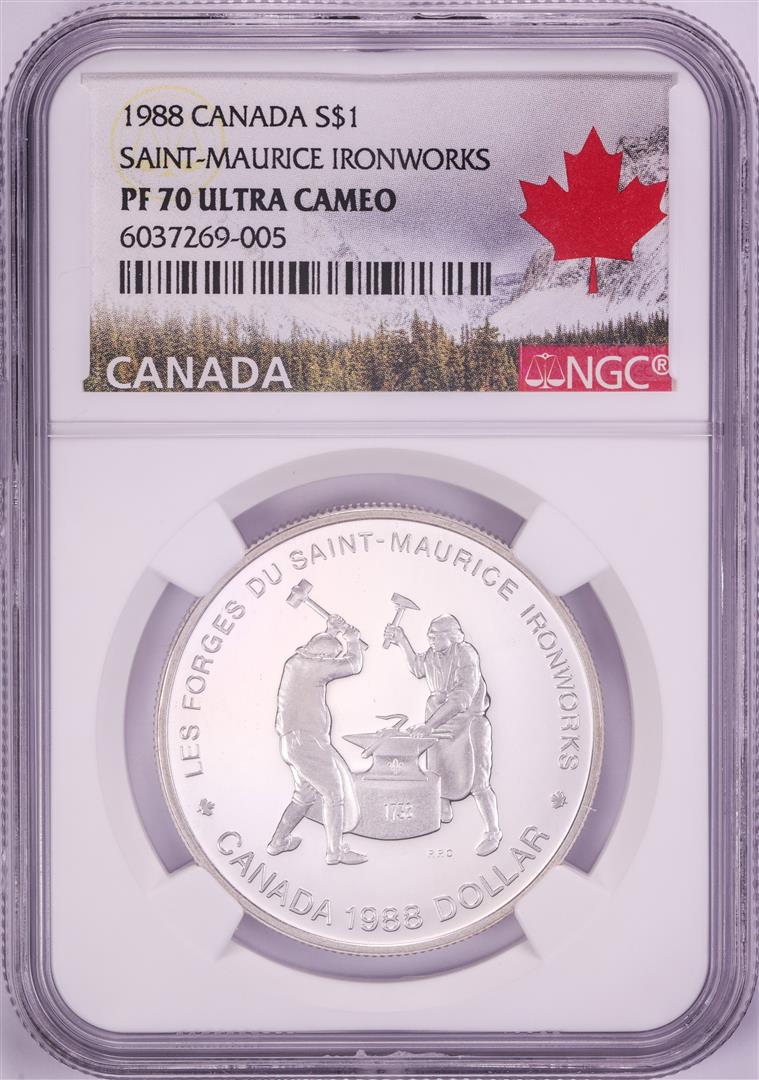 1988 $1 Proof Canada Saint-Maurice Ironworks Silver Dollar Coin NGC PF70 Ultra Cameo: One 1988 $1 Proof Canada Saint-Maurice Ironworks Silver Dollar Coin NGC PF70 Ultra Cameo.