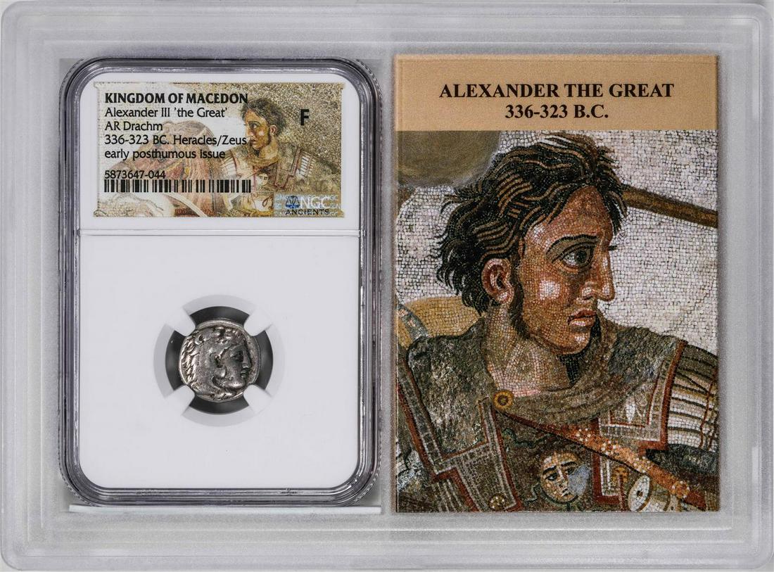 Kingdom of Macedon Alexander III 336-323 BC AR Drachm Ancient Coin NGC F Story Box: One Kingdom of Macedon Alexander III 336-323 BC AR Drachm Ancient Coin NGC F Story Box. NGC Certified.