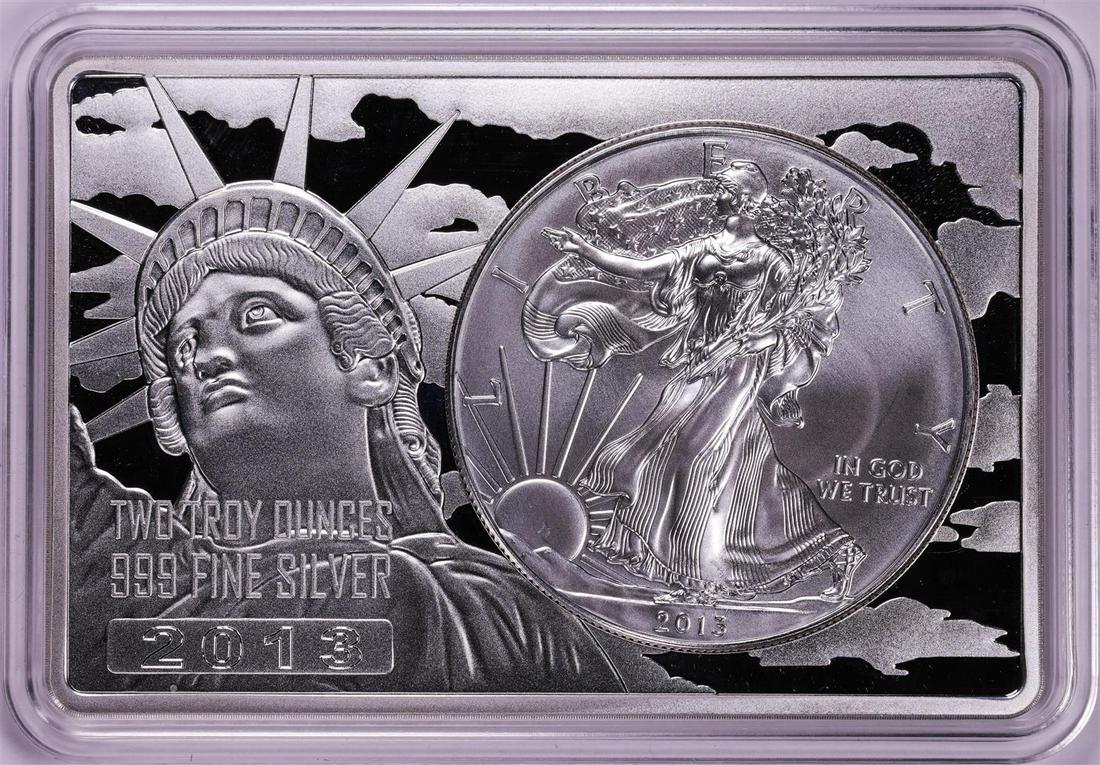 2013 $1 American Silver Eagle Coin & 2oz Silver Bar Set: One 2013 $1 American Silver Eagle Coin & 2oz Silver Bar Set.