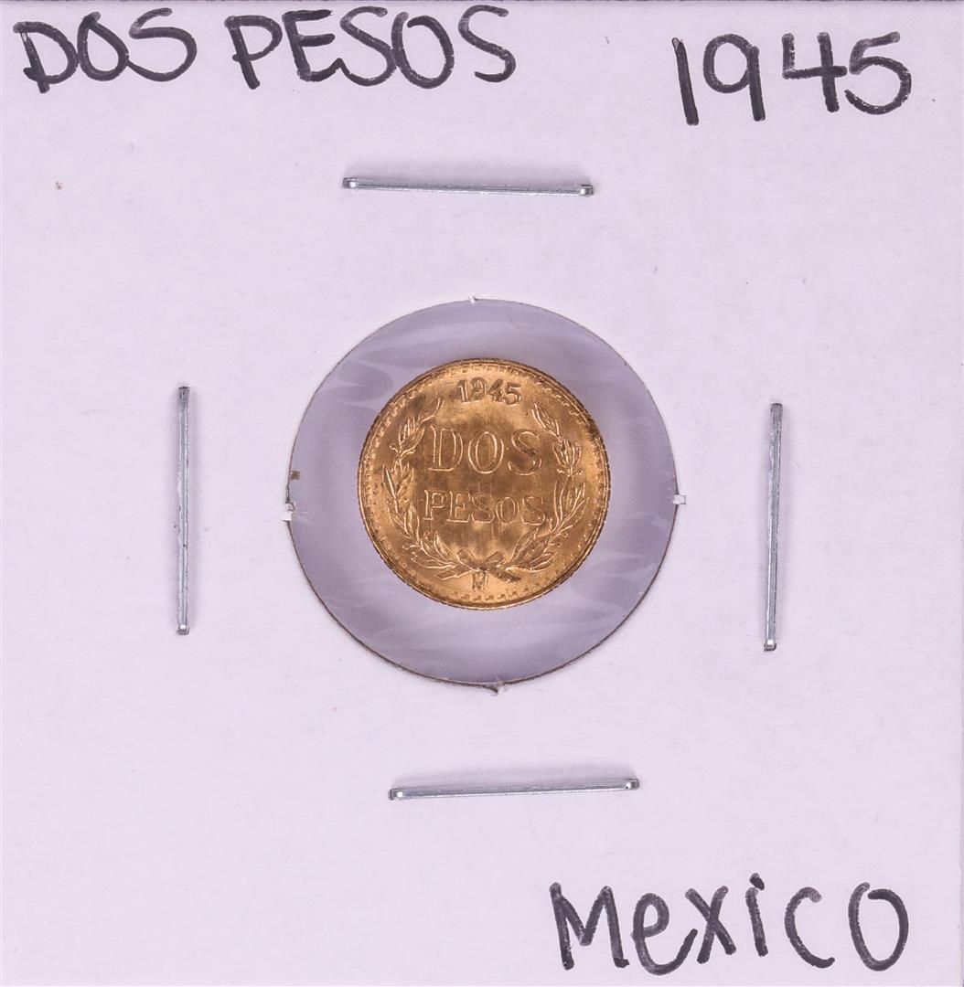 1945 Mexico Dos Pesos Gold Coin: One 1945 Mexico Dos Pesos Gold Coin.