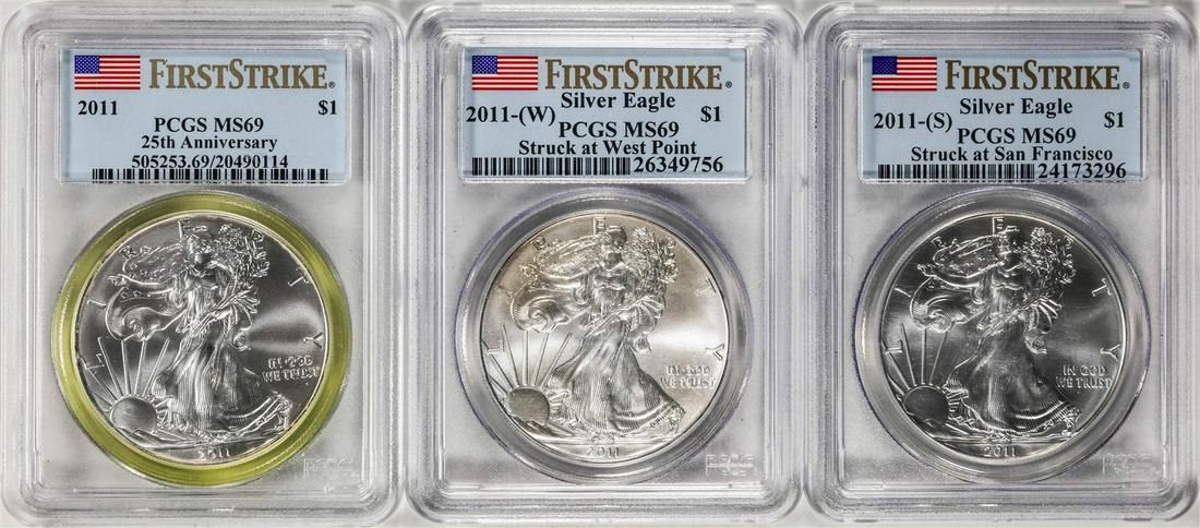 Lot of 2011-P/S/W $1 American Silver Eagle Coins PCGS MS69 First Strike: One Lot of 2011-P/S/W $1 American Silver Eagle Coins PCGS MS69 First Strike. PCGS Graded.