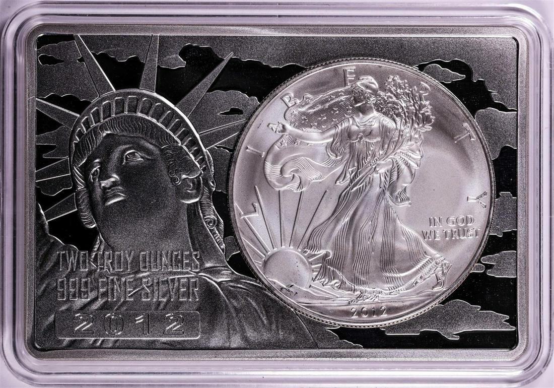 2012 $1 American Silver Eagle Coin & 2oz Silver Bar Set: One 2012 $1 American Silver Eagle Coin & 2oz Silver Bar Set.