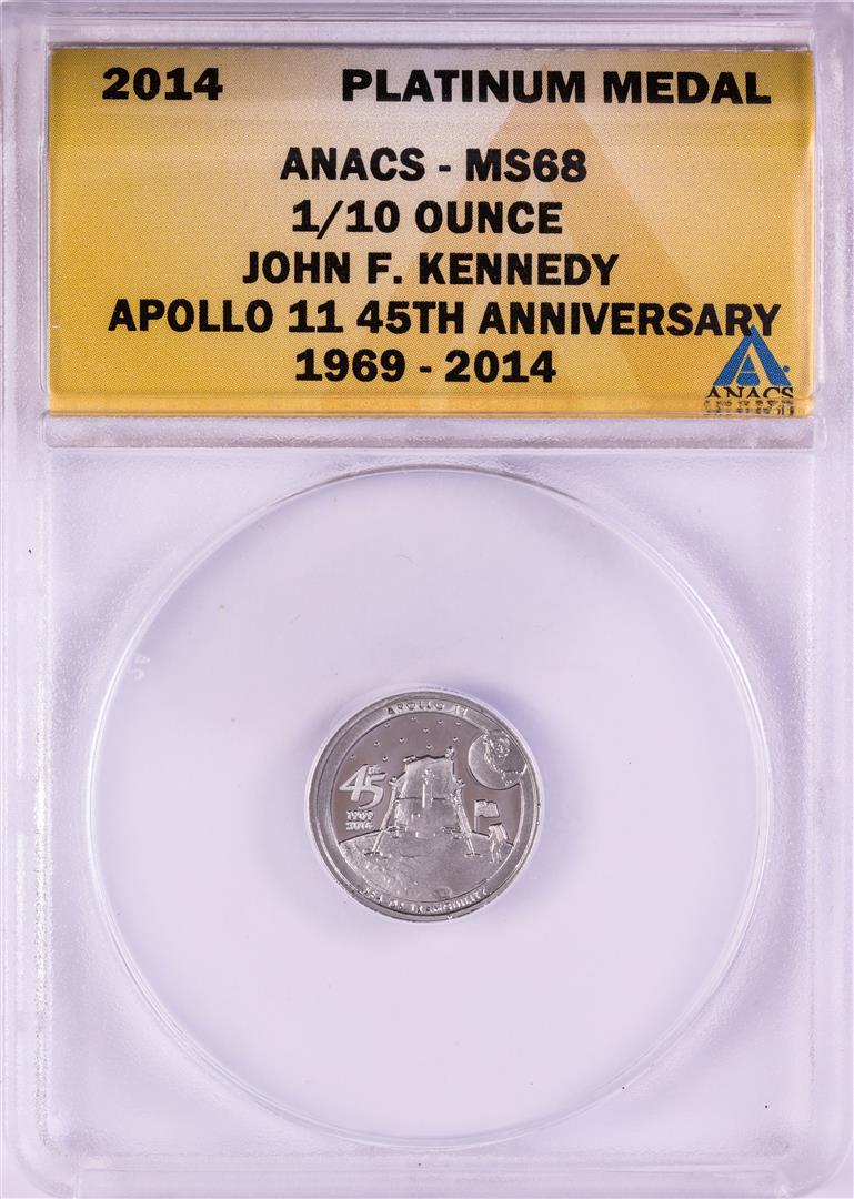2014 Proof 1/10 oz Platinum JFK Apollo 11 Anniversary Medal ANACS MS68: One 2014 Proof 1/10 oz Platinum JFK Apollo 11 Anniversary Medal ANACS MS68. ANACS Certified.