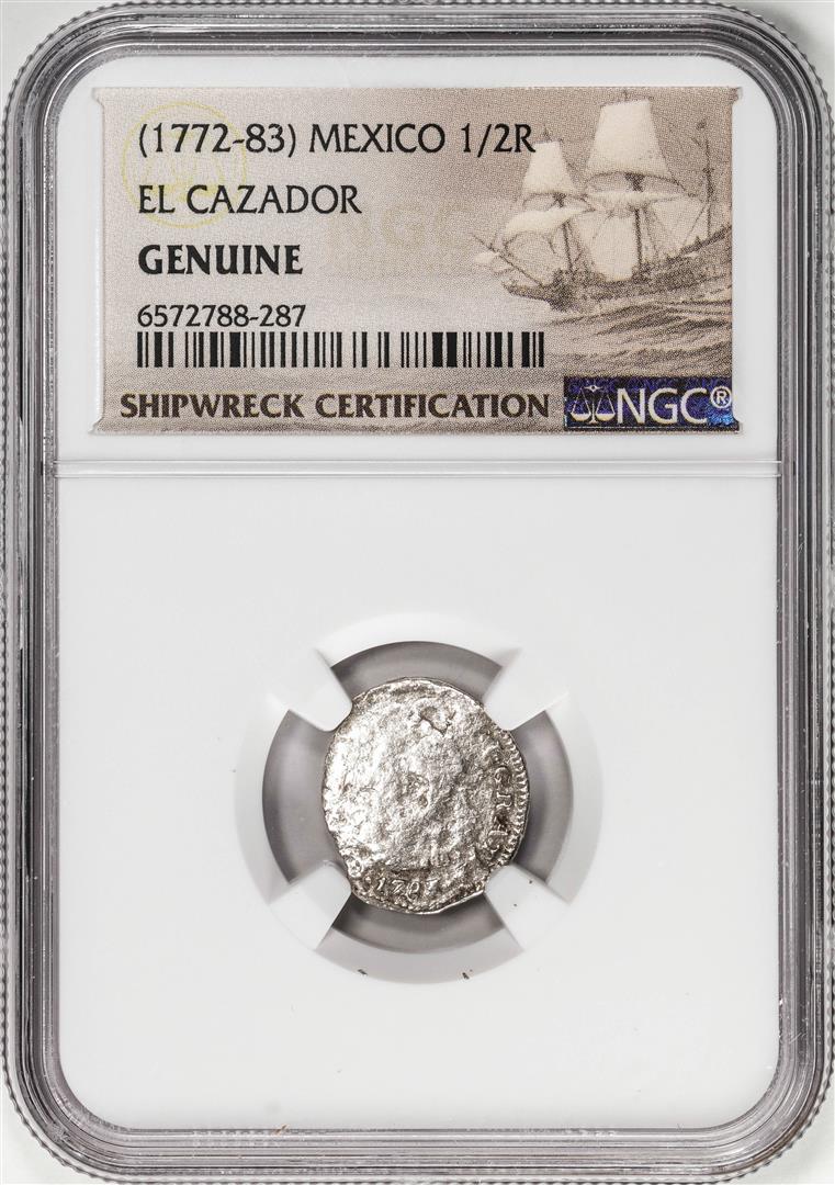 El Cazador Shipwreck (1772-83) Mexico 1/2 Real Silver Coin NGC Genuine w/ Story Card: One El Cazador Shipwreck (1772-83) Mexico 1/2 Real Silver Coin NGC Genuine w/ Story Card. NGC Certified.