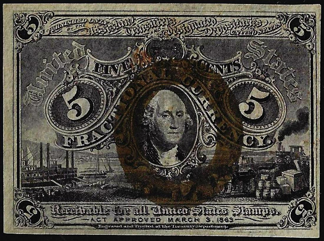 March 3, 1863 Second Issue Five Cents Fractional Currency Note: One March 3, 1863 Second Issue Five Cents Fractional Currency Note.