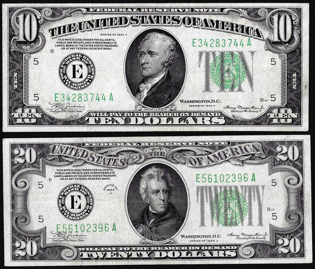 Lot of 1934A $10 & $20 Federal Reserve Notes Richmond: One Lot of 1934A $10 & $20 Federal Reserve Notes Richmond.