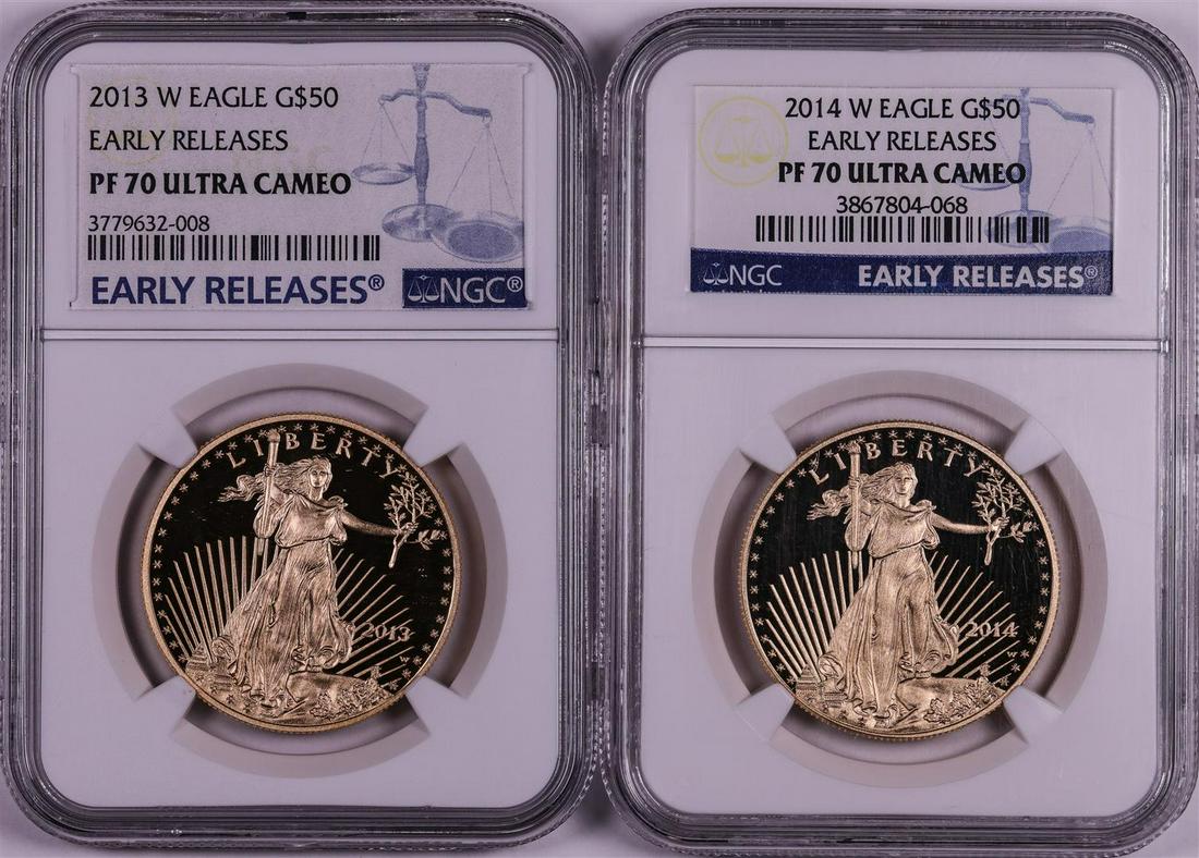 Lot of 2013-W & 2014-W $50 Proof American Gold Eagle Coins NGC PF70 Ultra Cameo ER: One Lot of 2013-W & 2014-W $50 Proof American Gold Eagle Coins NGC PF70 Ultra Cameo ER. NGC Certified.