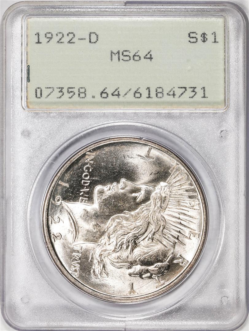 1922-D $1 Peace Silver Dollar Coin PCGS MS64 Old Rattler Holder: One 1922-D $1 Peace Silver Dollar Coin PCGS MS64 Old Rattler Holder. PCGS Graded.
