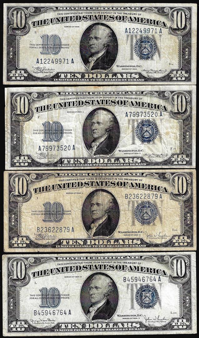 Lot of 1934/A/C/D $10 Silver Certificate Notes: One Lot of 1934/A/C/D $10 Silver Certificate Notes.