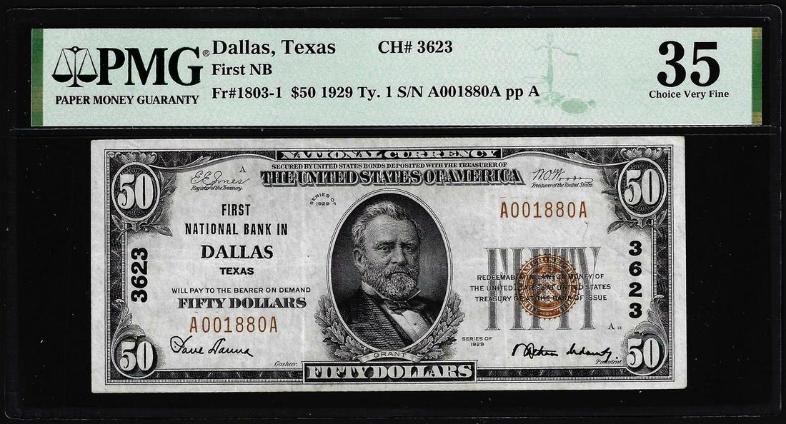 1929 $50 First NB Dallas, TX CH# 3623 National Currency Note PMG Choice Very Fine 35: One 1929 $50 First NB Dallas, TX CH# 3623 National Currency Note PMG Choice Very Fine 35. PMG Certified.