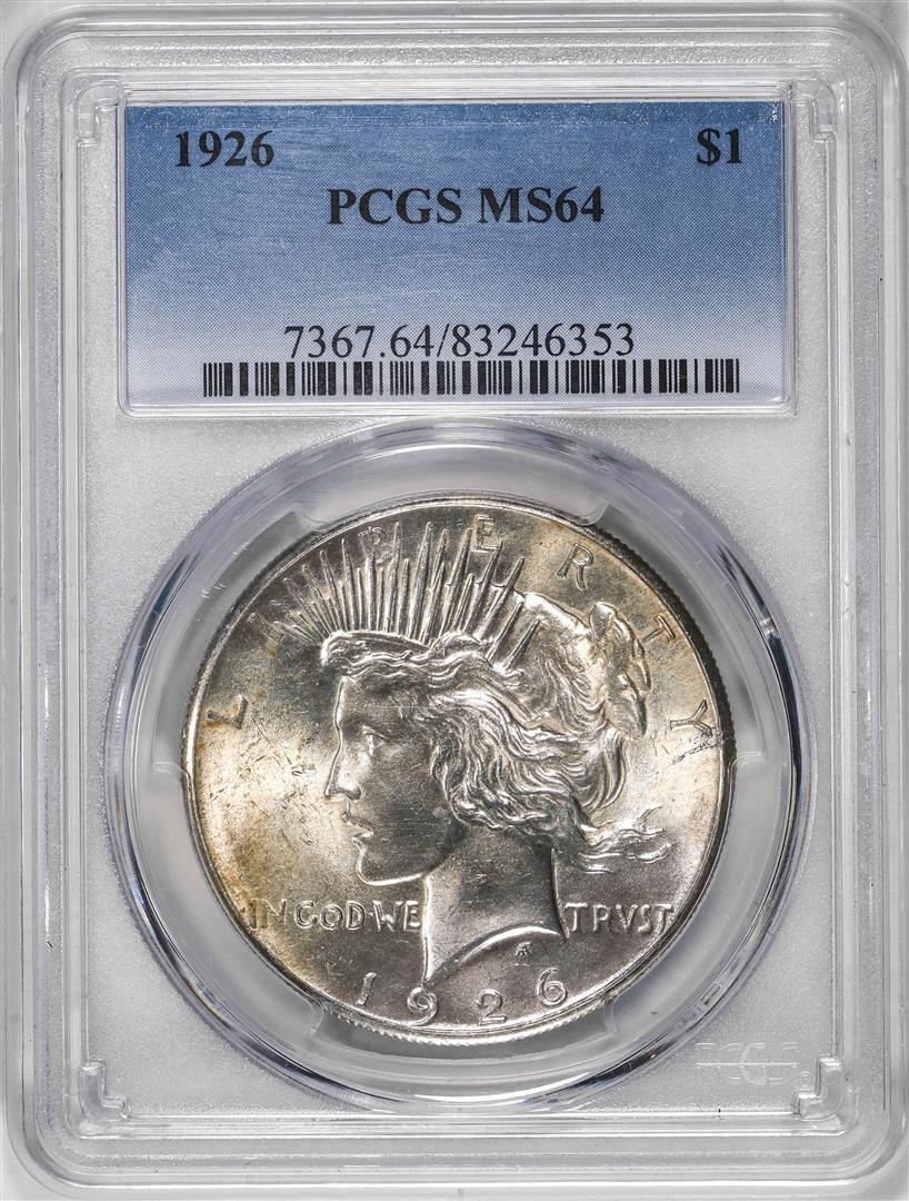 1926 $1 Peace Silver Dollar Coin PCGS MS64: One 1926 $1 Peace Silver Dollar Coin PCGS MS64. PCGS Graded.