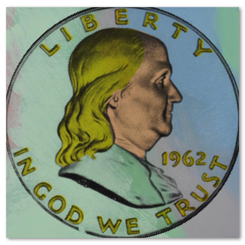Steve Kaufman (1960-2010) "1962 Liberty Coin" Limited Edition Serigraph on Canvas: "1962 Liberty Coin" is a hand painted, hand pulled limited edition silkscreen on canvas by Andy Warhol protege, Steve Kaufman (1960-2010). This piece is from an HC edition and hand signed inverso by t