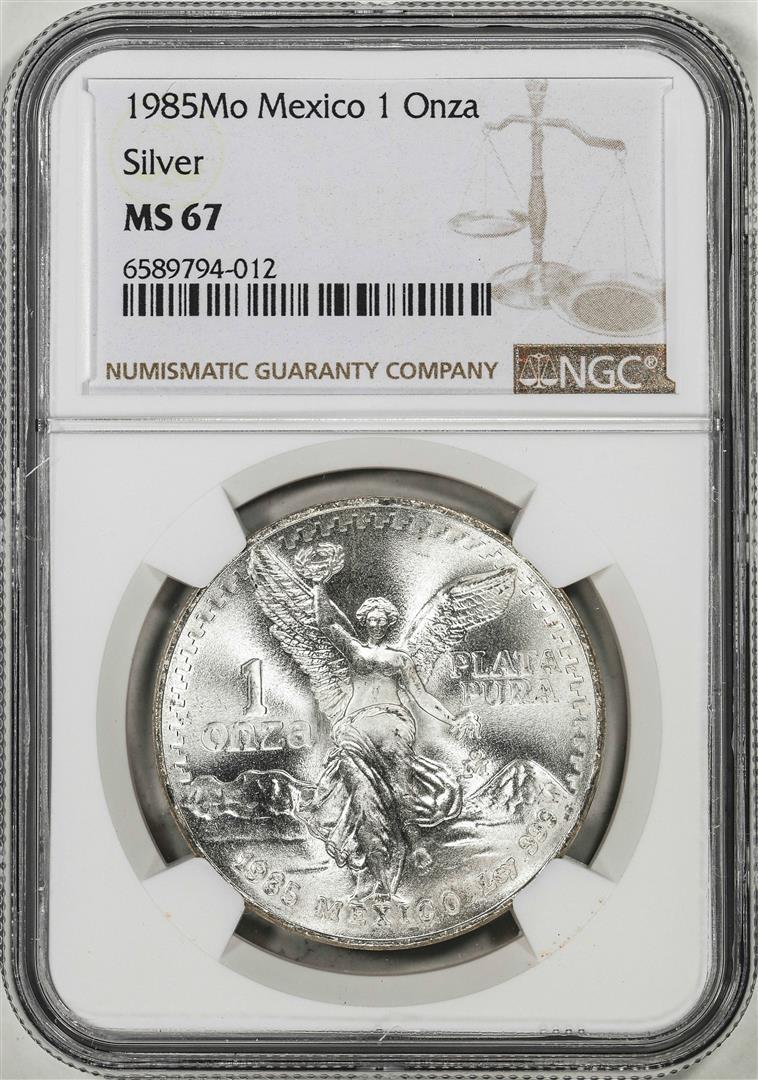 1985Mo Mexico 1 Onza Libertad Silver Coin NGC MS67: One 1985Mo Mexico 1 Onza Libertad Silver Coin NGC MS67. NGC Certified.