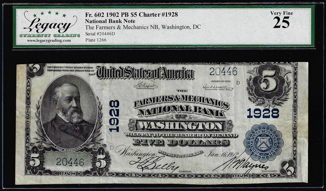 1902 $5 Farmers & Mechanics NB of Washington, DC CH# 1928 National Currency Note VF25: One 1902 $5 Farmers & Mechanics NB of Washington, DC CH# 1928 National Currency Note VF25. Legacy Graded.