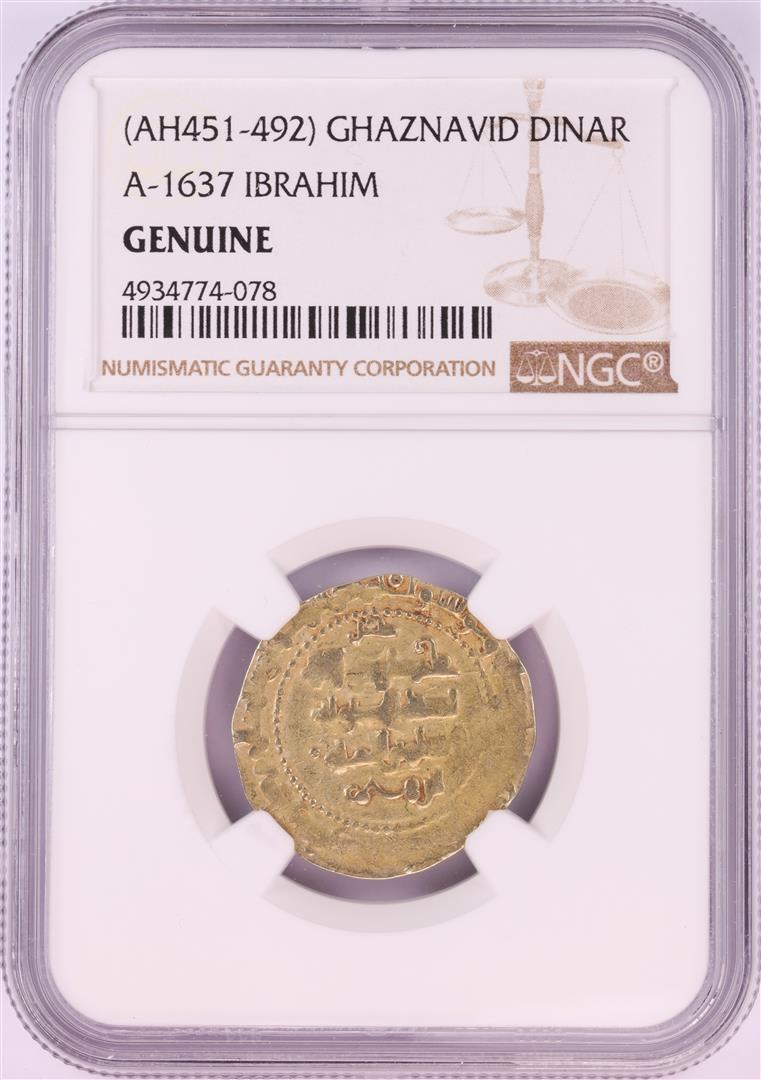 AH451-492 Ghaznavid Dinar A-1637 Ibrahim Gold Coin NGC Genuine: One AH451-492 Ghaznavid Dinar A-1637 Ibrahim Gold Coin NGC Genuine. NGC Certified.