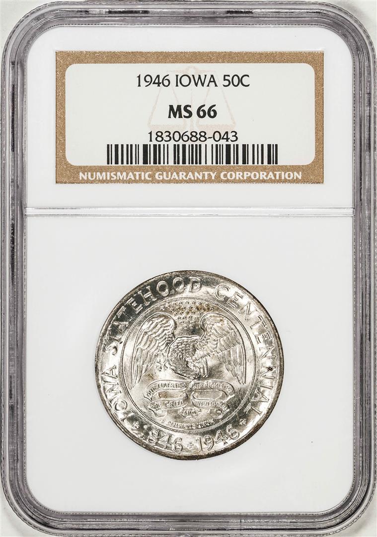 1946 Iowa Centennial Commemorative Half Dollar Coin NGC MS66: One 1946 Iowa Centennial Commemorative Half Dollar Coin NGC MS66. NGC Certified.