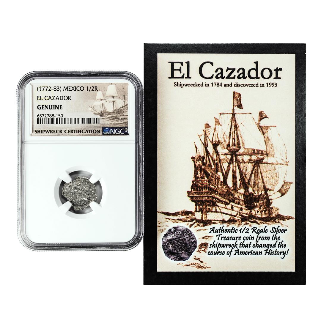 El Cazador Shipwreck (1772-83) Mexico 1/2 Real Silver Coin NGC Genuine w/ Story Card: One El Cazador Shipwreck (1772-83) Mexico 1/2 Real Silver Coin NGC Genuine w/ Story Card. NGC Certified.
