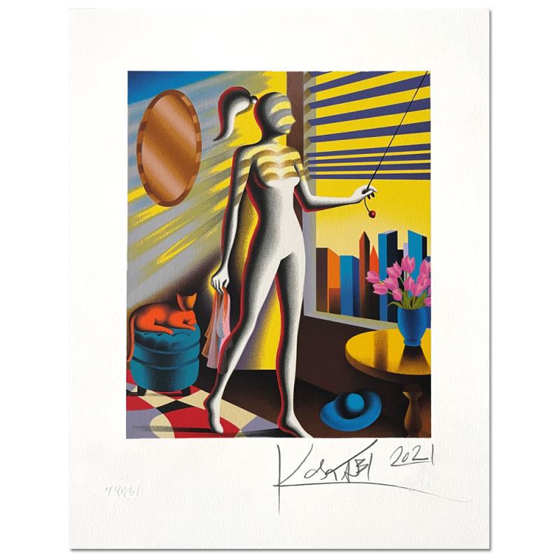 Mark Kostabi "New Day" Limited Edition Serigraph On Paper: "New Day" is a limited edition serigraph on paper by Mark Kostabi. The piece is numbered and hand signed by the artist and comes with a Certificate of Authenticity. Measures approximately 14" x 19".