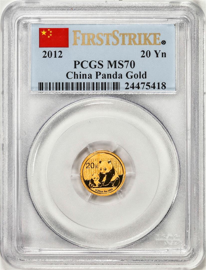 2012 China 20 Yuan Gold Panda Coin PCGS MS70 First Strike: One 2012 China 20 Yuan Gold Panda Coin PCGS MS70 First Strike. PCGS Graded.