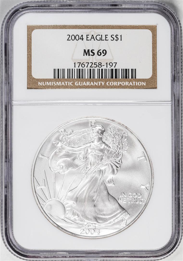 2004 $1 American Silver Eagle Coin NGC MS69: One 2004 $1 American Silver Eagle Coin NGC MS69. NGC Certified.