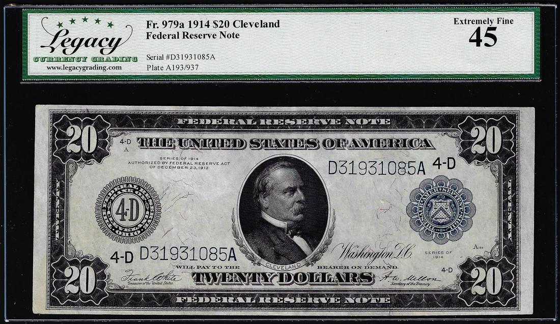 1914 $20 Federal Reserve Note Cleveland Fr.979a Legacy Extremely Fine 45: One 1914 $20 Federal Reserve Note Cleveland Fr.979a Legacy Extremely Fine 45. Legacy Graded.