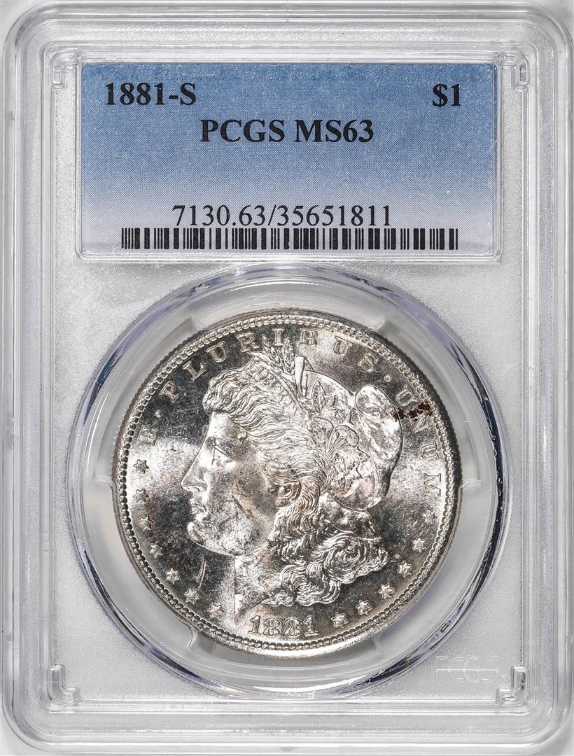 1881-S $1 Morgan Silver Dollar Coin PCGS MS63: One 1881-S $1 Morgan Silver Dollar Coin PCGS MS63. PCGS Graded.