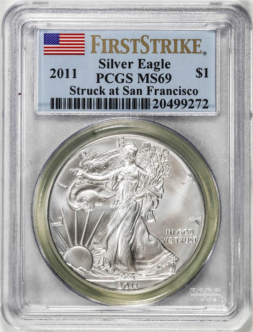 2011 $1 American Silver Eagle Coin PCGS MS69 Struck at San Francisco First Strike: One 2011 $1 American Silver Eagle Coin PCGS MS69 Struck at San Francisco First Strike. PCGS Graded.