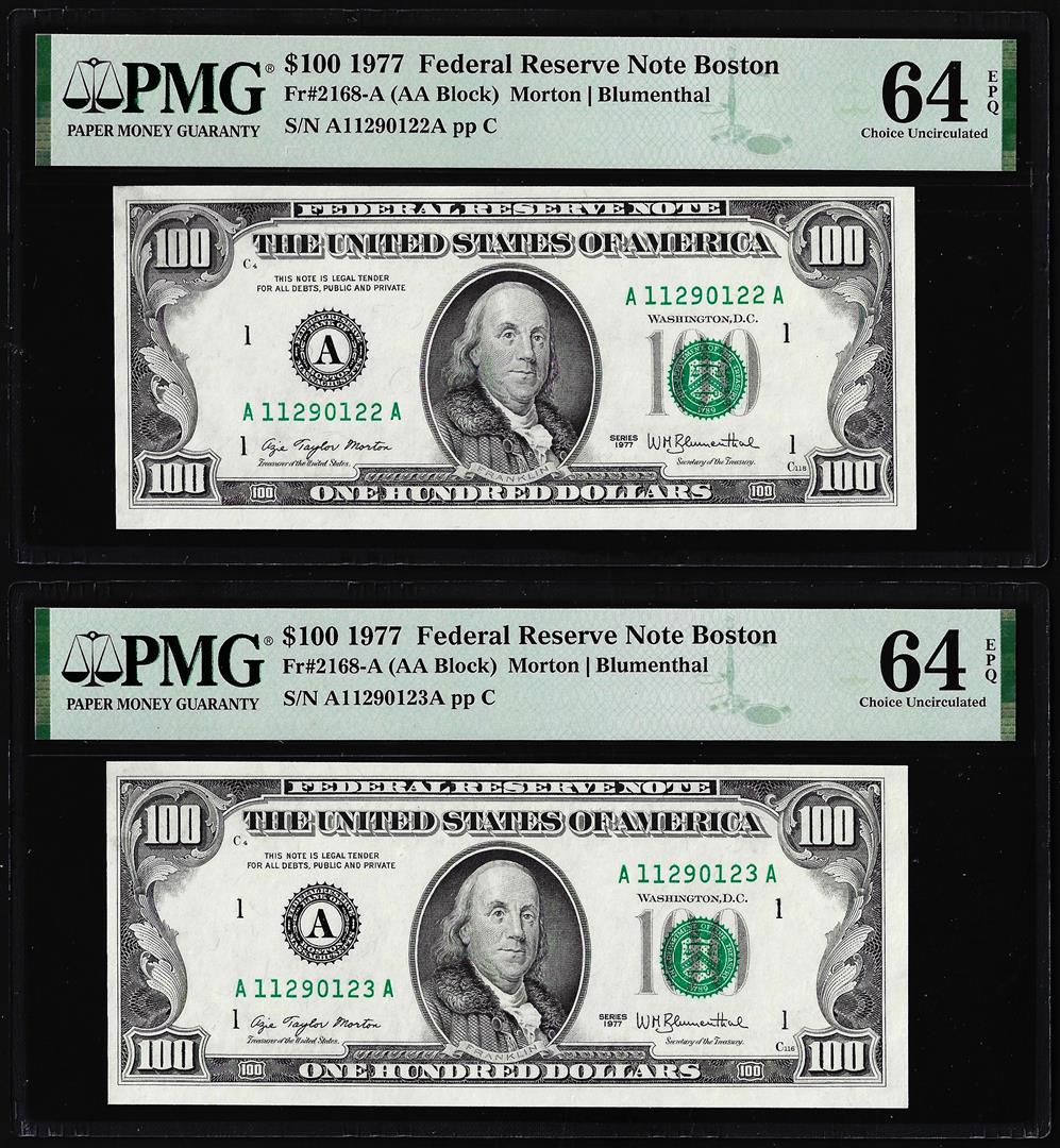 (2) Consecutive $100 Federal Reserve Notes Fr.2168-A PMG Choice Uncirculated 64EPQ: One (2) Consecutive $100 Federal Reserve Notes Fr.2168-A PMG Choice Uncirculated 64EPQ. PMG Certified.